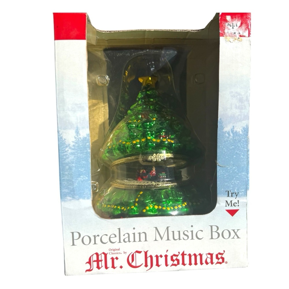 MR. CHRISTMAS ANIMATED MUSIC BOX W/TRAIN GOING AROUND TREE‎ NOS Porcelain 12"